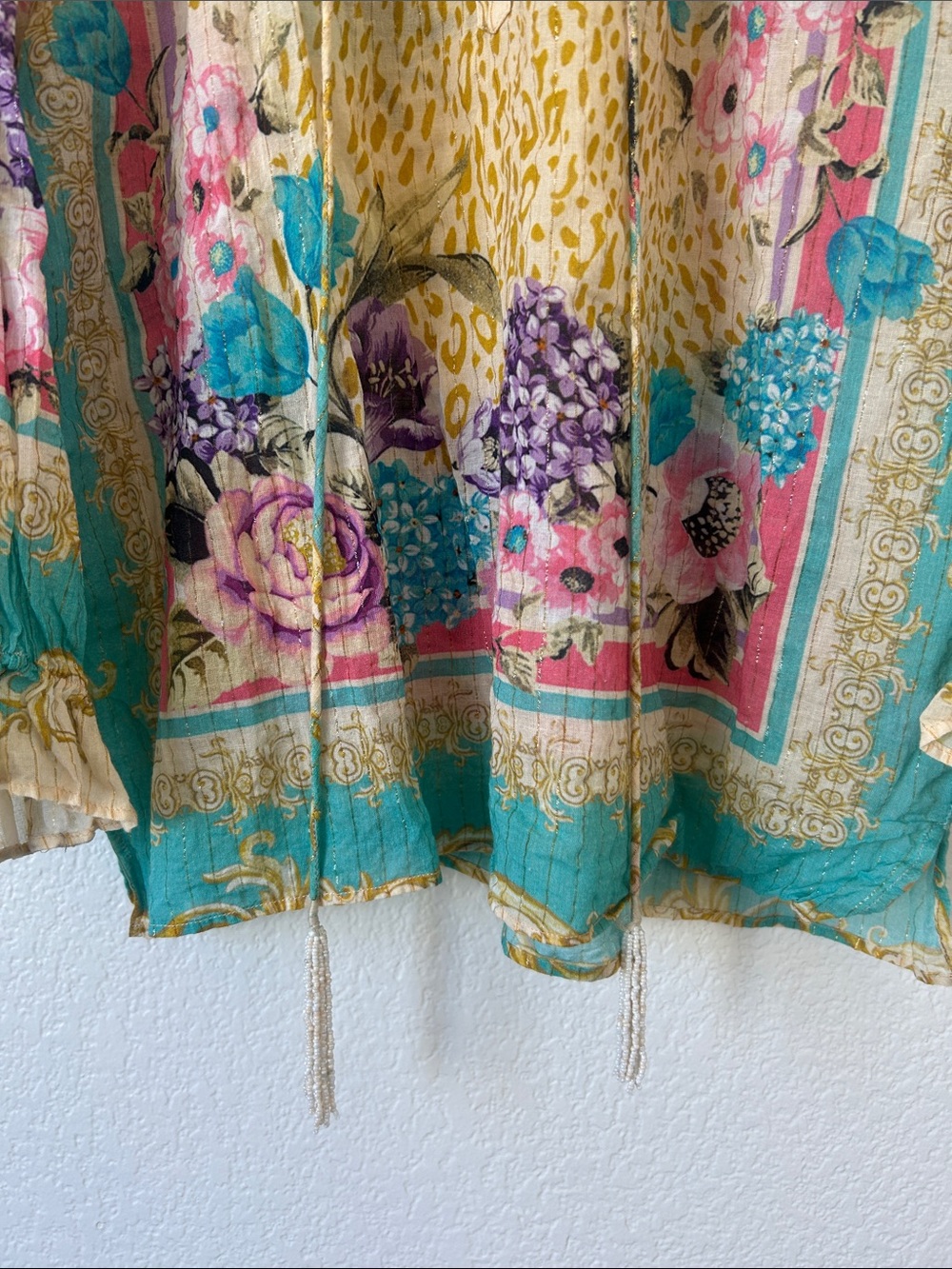 Boho Floral Patchwork Peasant Blouse in Teal, Yellow & Pink - Picture 7 of 11